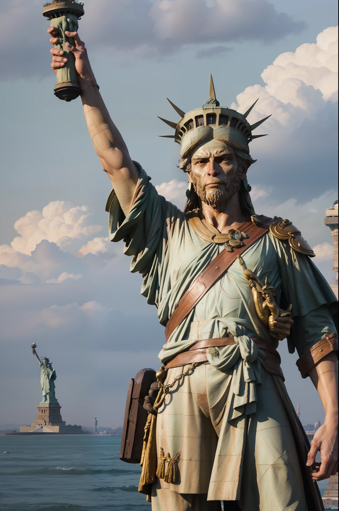 The Monkey King stands at the feet of the Statue of Liberty in the United States，Grimacing