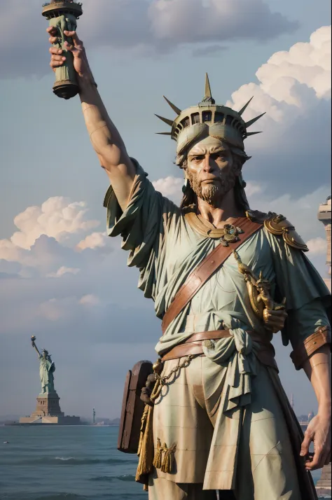 the monkey king stands at the feet of the statue of liberty in the united states，grimacing