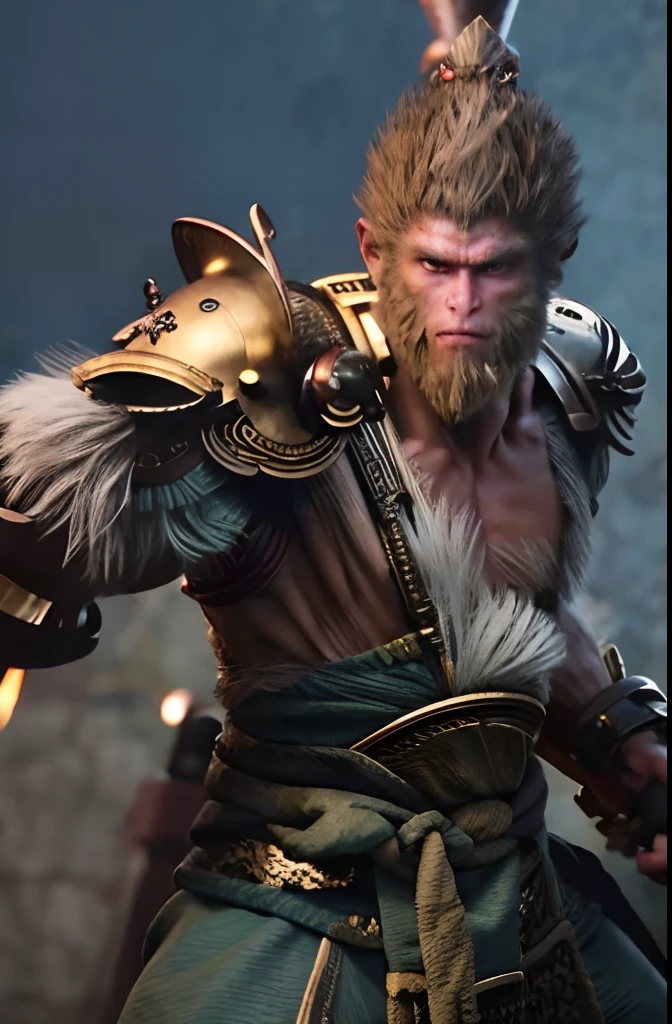 شمس Wukong holds a golden hoop rod in his hand，القضيب أسود ولامع，ينضح ضوء ذهبي فريد من نوعه。يسمح وضع يده بتركيز وزن قضيب الطوق الذهبي في يده，وهذا يسمح له باستخدام هذا السلاح القوي بسهولة。 شمس Wukong's face had a cold and confident look，كانت عيناه مثبتتين على الأرض，كما لو كان يراقب كل شيء على الأرض。كان شعره مبعثراً بشكل فوضوي أمام رأسه，بعض الشعور دهني，ربما لأنه كان يستخدم قضيب الطوق الذهبي。 شمس Wukong wears a golden armor，هناك شخصية كبيرة "شمس" على الصدر，يمثل اسمه。هذا الدرع مرصع بحجر كريم ذهبي，يجعل جسده أكثر جاذبية。 قضيب الطوق الذهبي مرصع بحجر كريم ذهبي，هذا الحجر الكريم ينبعث منه ضوء مذهل。When شمس Wukong wields the golden hoop stick，تتألق الأحجار الكريمة ببريق مختلف，إنه أمر مذهل。 الملك القرد يحمل عصا دائرية ذهبية，يقف طويل القامة，ينضح زخما قويا。ويبدو أنه مستعد لمواجهة أي تحد，دائما على استعداد للقتال。