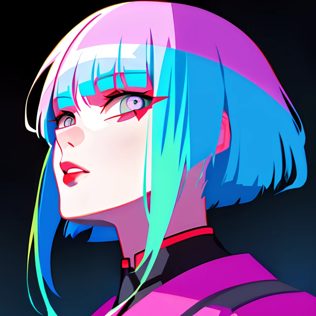 lucy \(cyberpunk\), 1girl, bangs, blue hair, colored tips, grey eyes, jacket, long sleeves, looking at viewer, medium hair, face portrait, multicolored hair, hair flying upwards, parted lips, parted bangs, (crazy eyes), eyes open wide, half face, pink hair, portrait, red eyeliner, red lips, solo, white jacket, cyberpunk \(series\), cyberpunk edgerunners