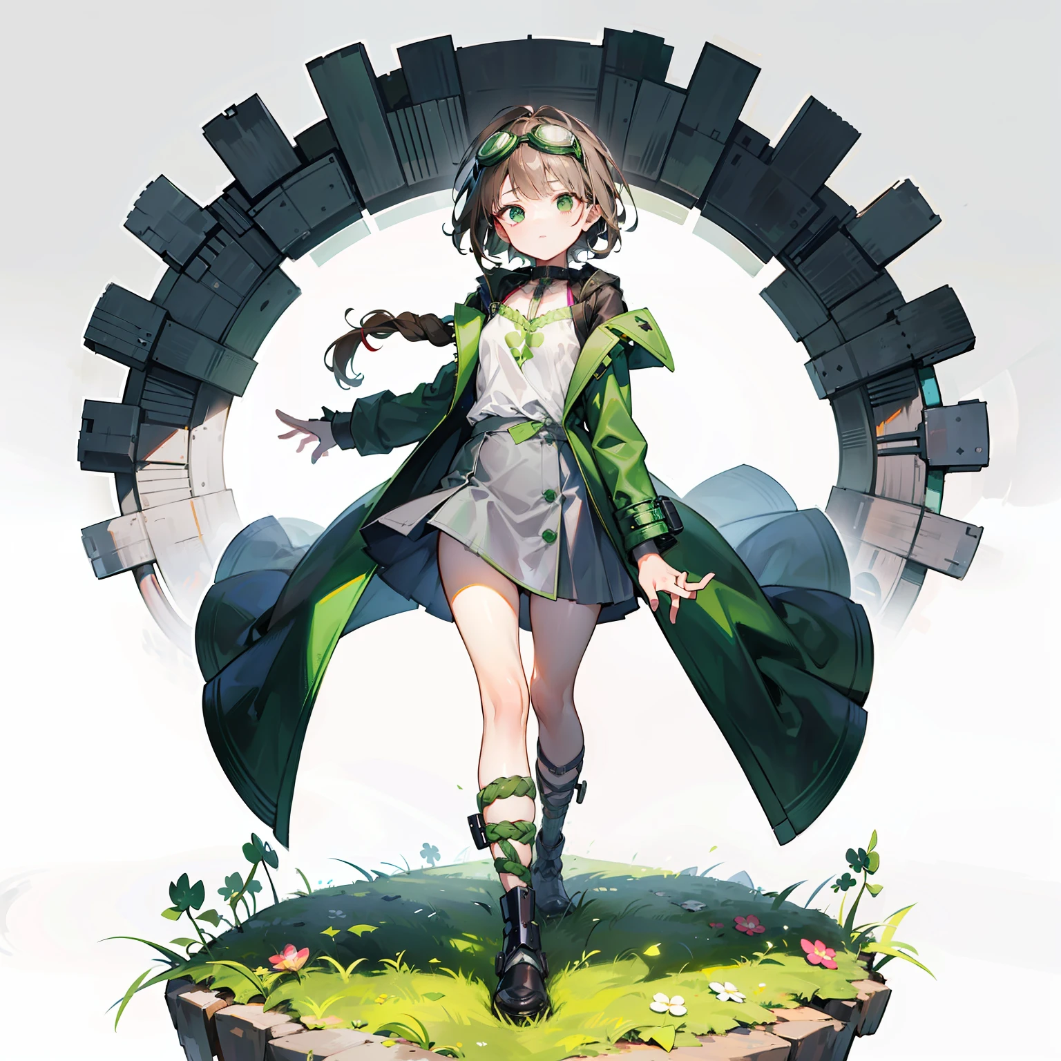 1girll，solo person，Brown back double twisted braid，Two twisted braids，brown  hair，long whitr hair，Very small stature，Little loli body type，flatchest，Green eyes，mechanical leg，Clover background on ground，face expressionless，Protective goggles，Green punk long coat，grey short skirt，mechanical leg