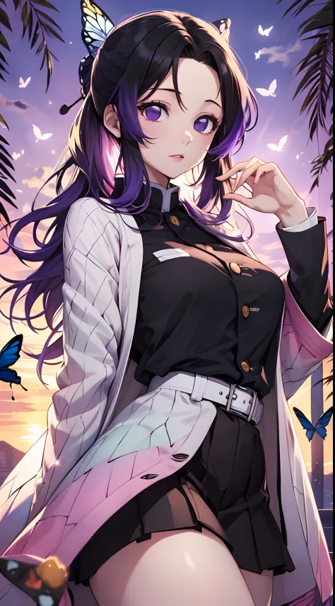 Kochou Shinobu, 1girl,masterpiece, multicolored hair,sleeveless, purple eyes, black jacket,black skirt,uniform, white haori, , m...