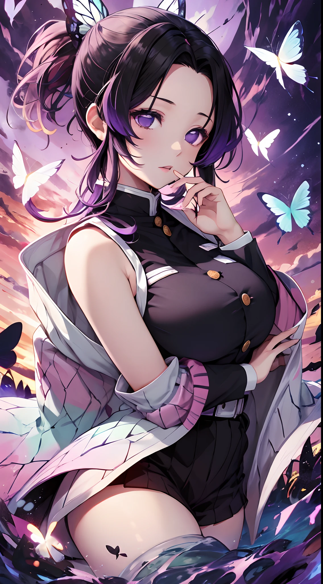 Kochou Shinobu, 1girl,masterpiece, multicolored hair,sleeveless, purple eyes, black jacket,black skirt,uniform, white haori, , multiple butterflies, , laked sunset, lens flare, perfect lighting, highest quality, hands behind, thick thighs, large breasts, highest quality, high resolution.