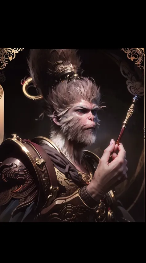 Sun Wukong,Colorful auspicious clouds,holding a Golden Hoop Stick,Portrait of wukong the monkey king wrapped in vines and lotus ...