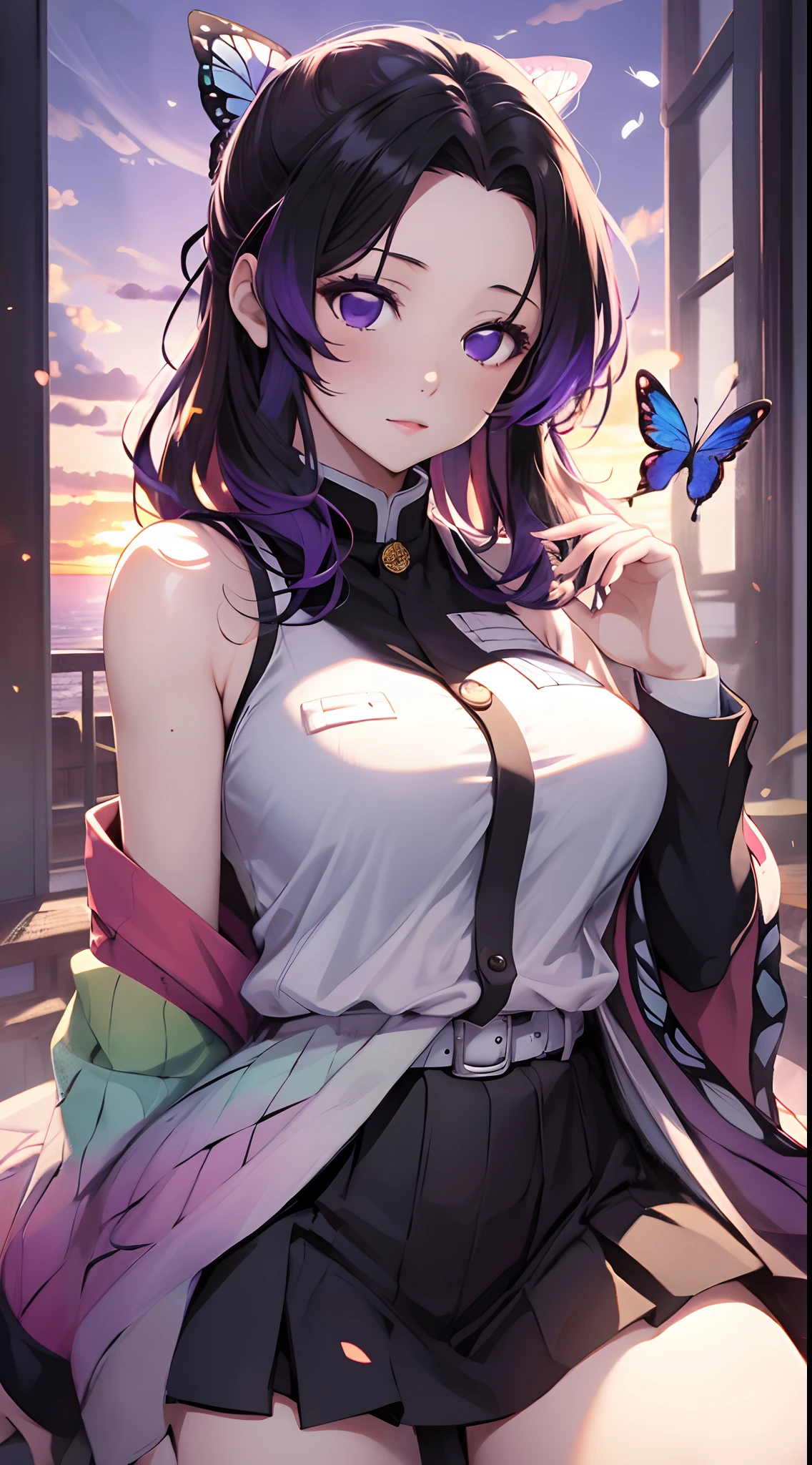 Kochou Shinobu, 1girl,masterpiece, multicolored hair,sleeveless, purple eyes, black jacket,black skirt,uniform, white haori, , multiple butterflies, , laked sunset, lens flare, perfect lighting, highest quality, hands behind, thick thighs, large breasts, highest quality, high resolution.