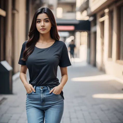 Top Quality, Photorealistic, 8K, High Definition, 1 Tirkish Girl, 26 year old Woman, wearing black round neck baggy Tee-shirt, regular fit, regular length, no printing on Teeshirt, skinny damage ankle fit jeans, heels, (Skindentation), (Big Breasts, bouncy...