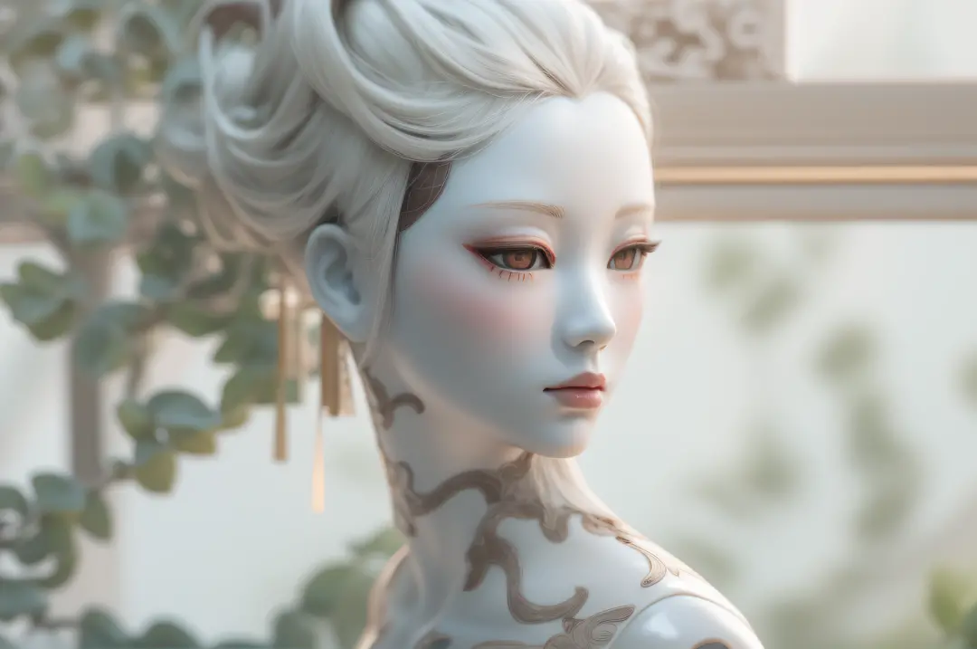 close-up. She is a Mannequin, a piece of Hanzhu porcelain，seen from the side，Her hair is surreal throughout the scene in a solid abstract frame full background。