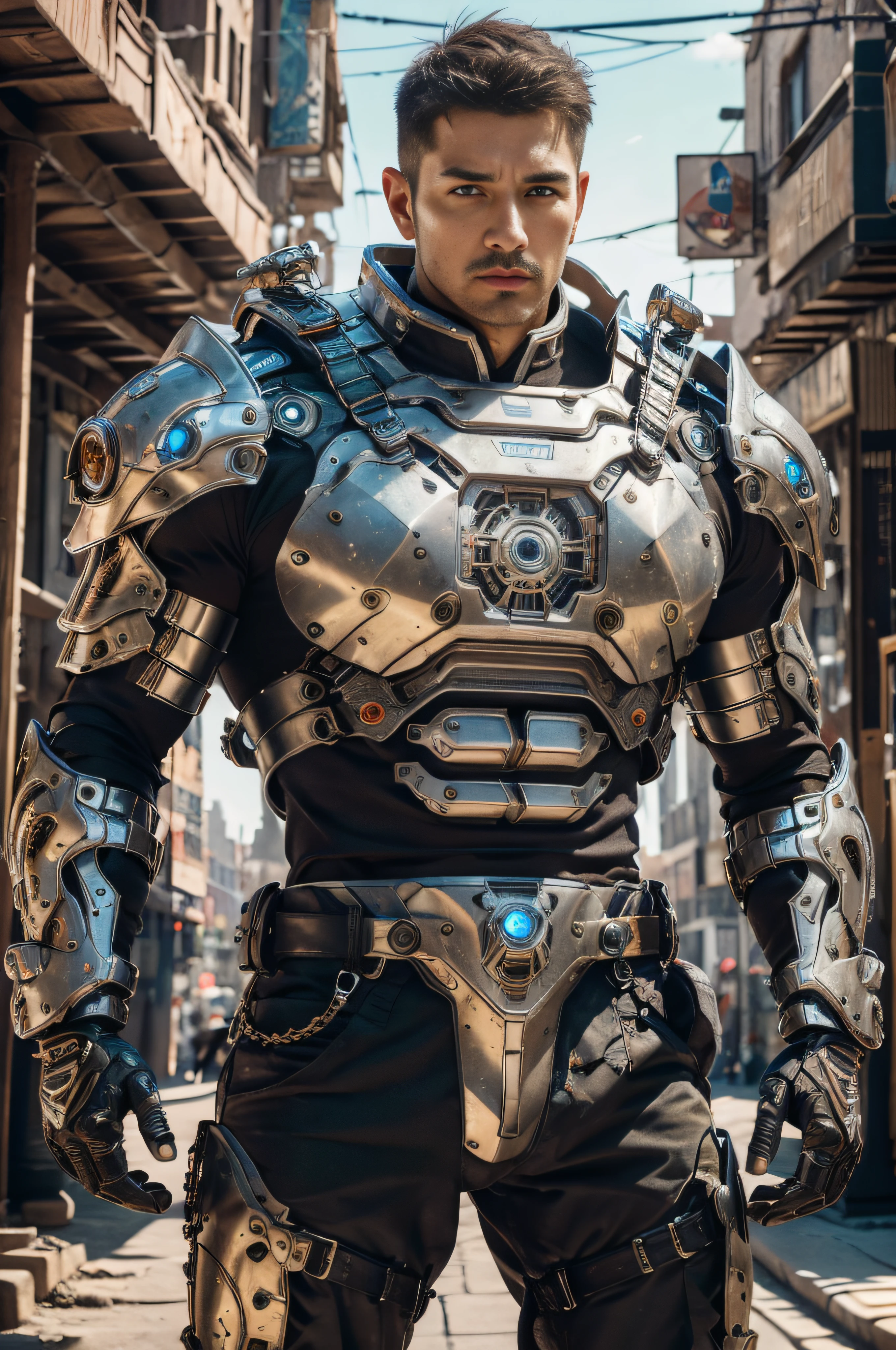 Realistic, ((Masterpiece)), ((Best quality)), (Detailed), Cinematic, Dynamic lighting, soft shade, Detailed background, Professional photography, Depth of field, Intricate, Detailed face, Subsurface scattering, photo-realistic hair, Realistic eyes, Muscular, Manly, buzz cut，Handsome photo (Latino men), Mecha 4RMOR, Wear mechanical Hanfu, Glowing, Dynamic pose, Desert background，stubbles, Pants,The crotch is raised