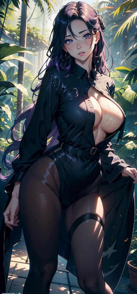 1female，25 age old，Large breasts，long leges，Big breasts Thin waist，Pornographic exposure， 独奏，（Background with：ln the forest，the rainforest，in summer） She has long purple hair，standing on your feet，Sweat profusely，drenched all over the body，seen from the fr...