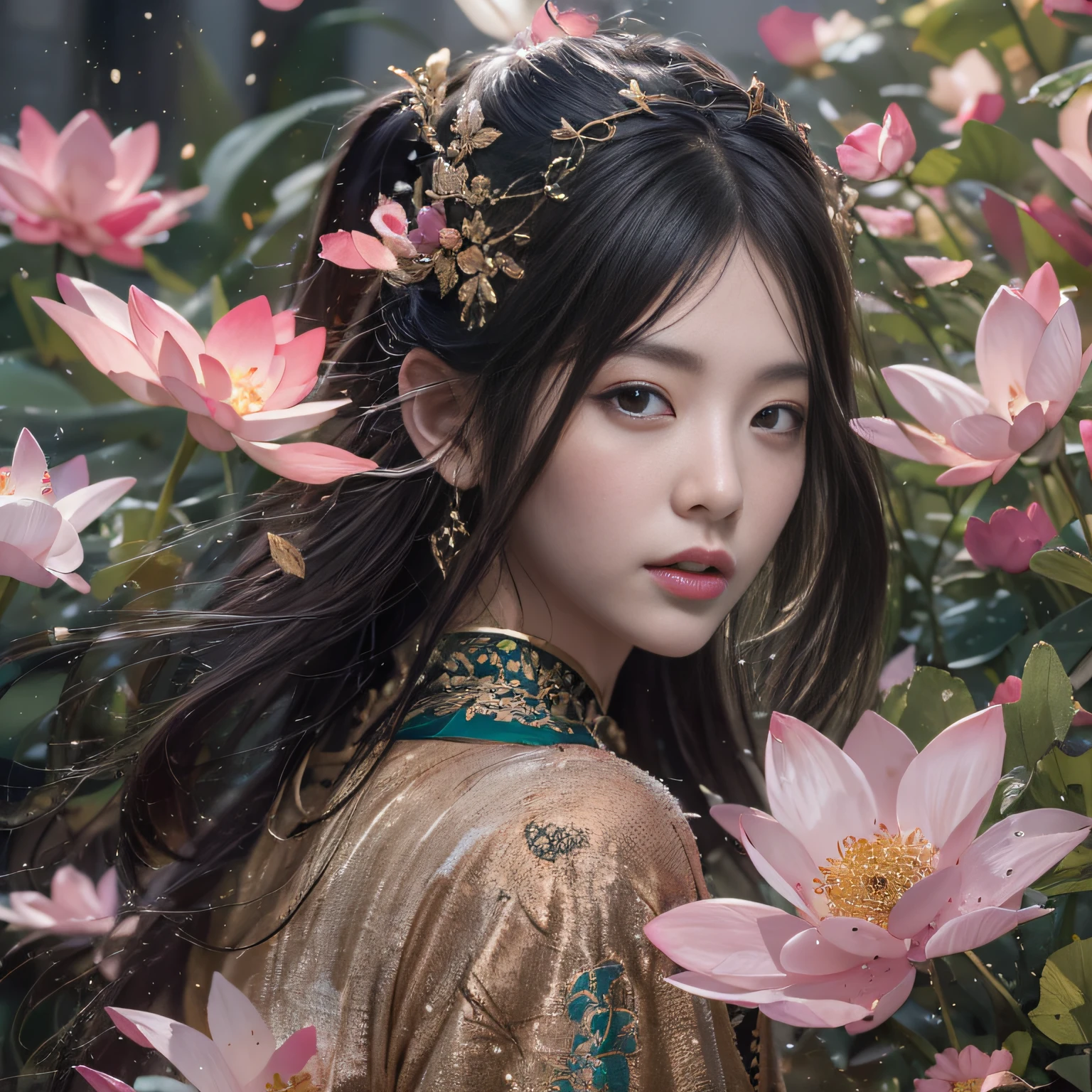 32K（tmasterpiece，k hd，hyper HD，32K）Long flowing black hair，ponds，zydink， a color，  Asian people （Silly girl）， （Silk scarf）， Combat posture， looking at the ground， long whitr hair， Floating hair， Carp pattern headdress， Chinese long-sleeved clothing， （abstract ink splash：1.2）， Pink petal background，Pink and white lotus flowers fly（realisticlying：1.4），Black color hair，Fallen leaves flutter，The background is pure， A high resolution， the detail， RAW photogr， Sharp Re， Nikon D850 Film Stock Photo by Jefferies Lee 4 Kodak Portra 400 Camera F1.6 shots, Rich colors, ultra-realistic vivid textures, Dramatic lighting, Unreal Engine Art Station Trend, cinestir 800，Long flowing black hair