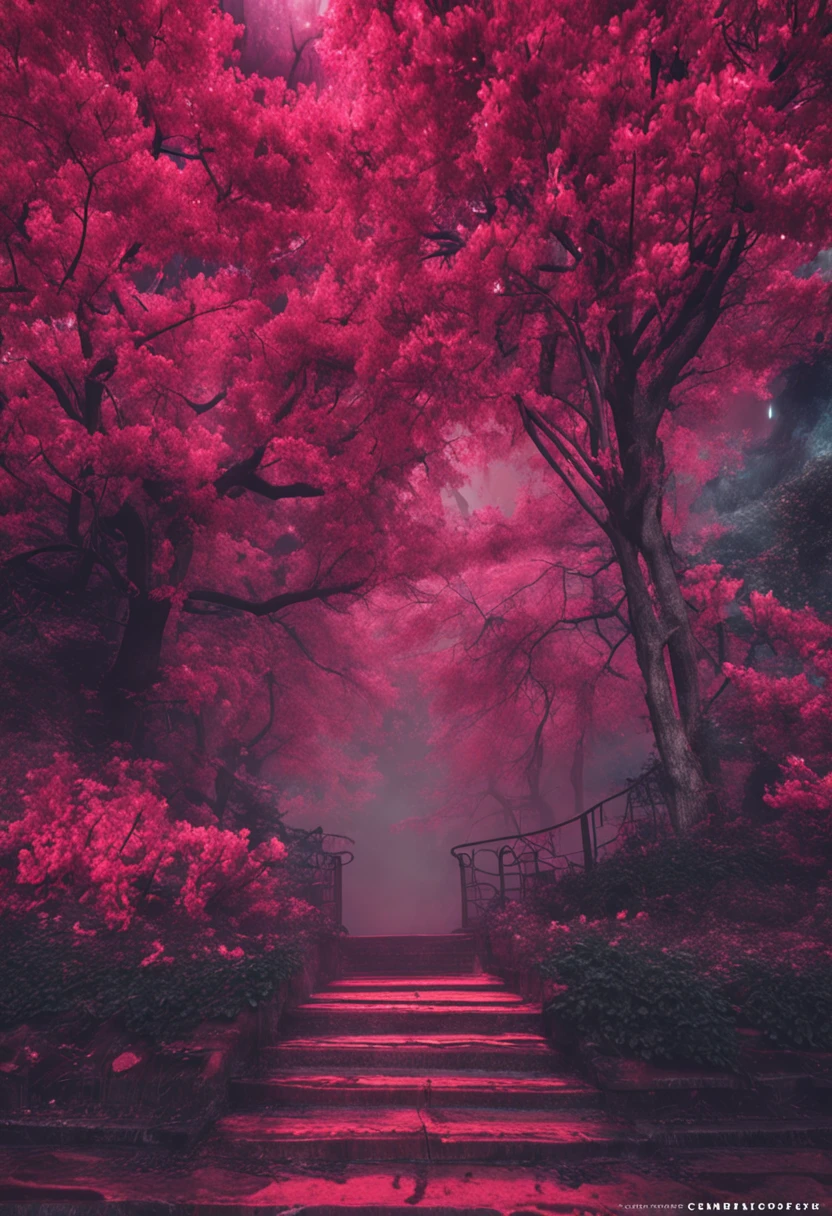 Un camino bordeado de árboles rojos que conduce a una escalera en un  bosque. - SeaArt AI