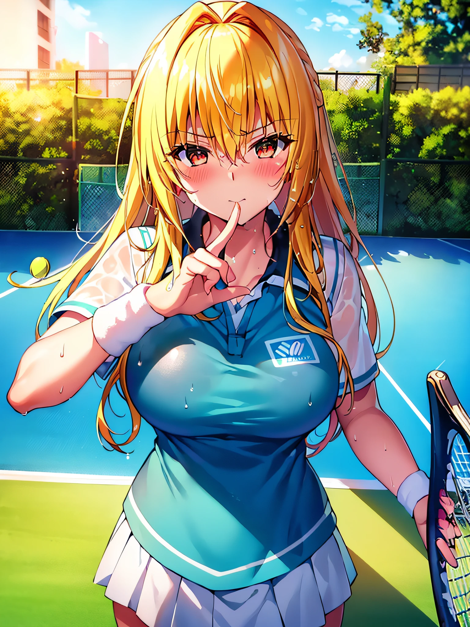 Masterpiece++, Best quality++, Ultra-definition++, Ultra-definition++, 4k++, 8k++, (background focus)++, very detailed, ((tennis court))++, (((Tolove Ru Yami)) )+++, ((tennis player)), (((tennis uniform)))+++, ((mature woman playing tennis ball))++, (tennis racket), blush, (list on wrist band), (blond hair), (super shiny hair and skin), (sunlight), ((beautiful)), sweaty body, cleavage, lively, sweating, serious expression, perfect eyes , perfect hands, perfect nose, ToLOVE Ru Yami, bright atmosphere, (wet effect)+, (light effect), (cinematic light)+, (light cinematic)+