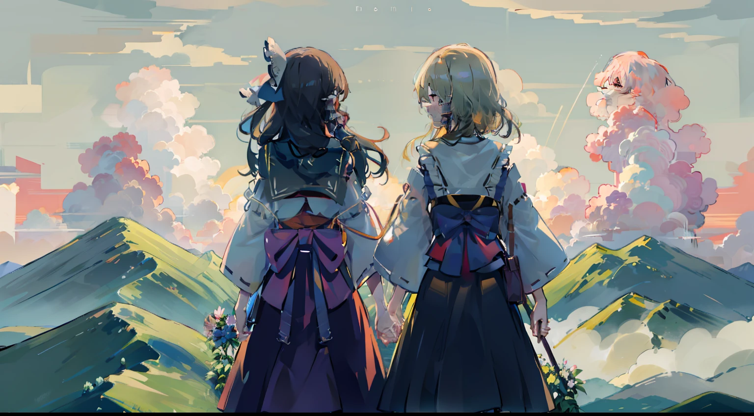 two girls walk
high quality, best, high resolution, highest quality, award winning, highly detailed, highly detailed, masterpiece, Open your eyes, profile, hold hands,
Countryside, rural landscape, Japan, summer, thundercloud

add communication
2girls, Marisa Kirisame, holding hands,

Adcol
2girls, Reimu Hakurei, hold hands, open your eyes, smile,