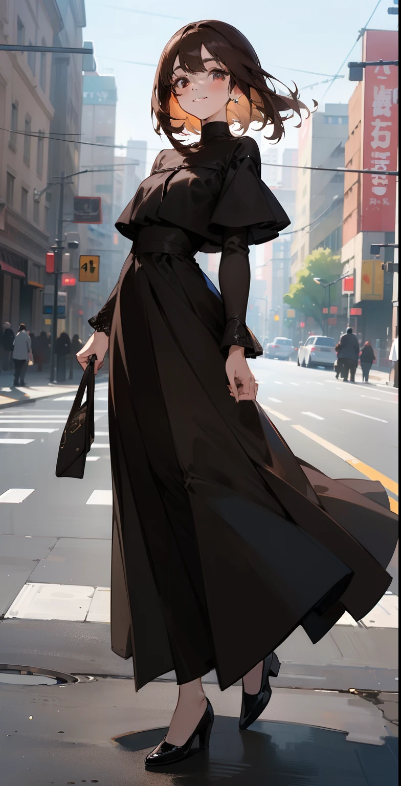 ((Best Quality, 8k, Masterpiece :1.3)), 1girl, smiling, full body, slim face, beautiful woman, (dark brown hair), full length dress: 1.1, ultra-detailed face, detailed eyes, double eyelid, blurred background, thin face, city, outside, street,