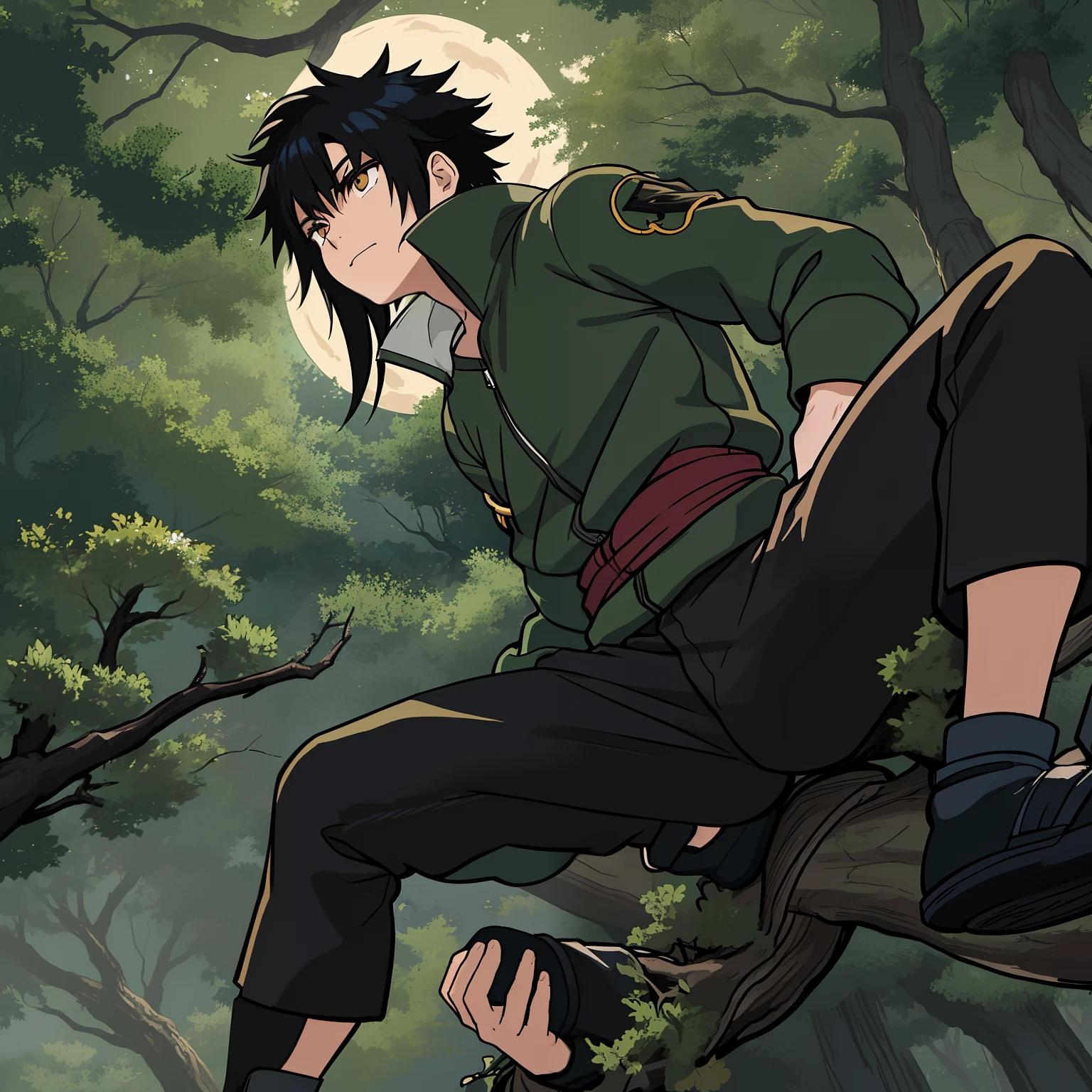 1boy, ninja, shinobi, hyuga, ((sitting perched on a tree branch high up in the trees of a forest at night)), full of trees, mountains in the background, fog, night sky, full moon, (long hair, black hair, white eyes) (black pants and army green flak jacket, black cloak, open-toe shoes) rocky terrain, grass, forest floor, bushes, dynamic composition, dynamic angle, from below, camera looking up at subject, masterpiece, medium close up,