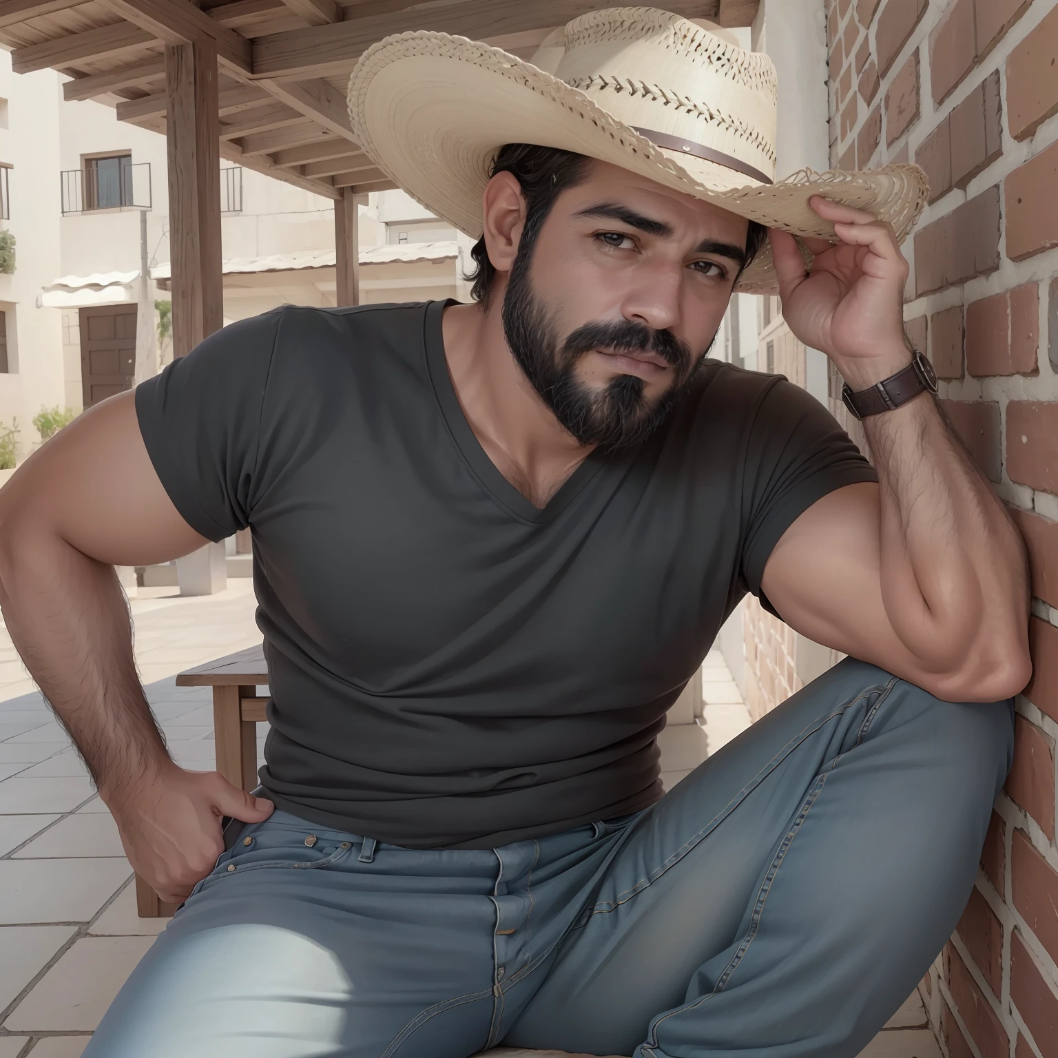 La mejor calidad, obra maestra, ultra-high-resolution, retrato, (fotorrealista:1.4), foto RAW, Hombre guapo varonil con sobrepeso, nudo superior, with smooth crew neck t-shirt random color basic, jeans vaqueros, Botas, barba, texturas faciales detalladas