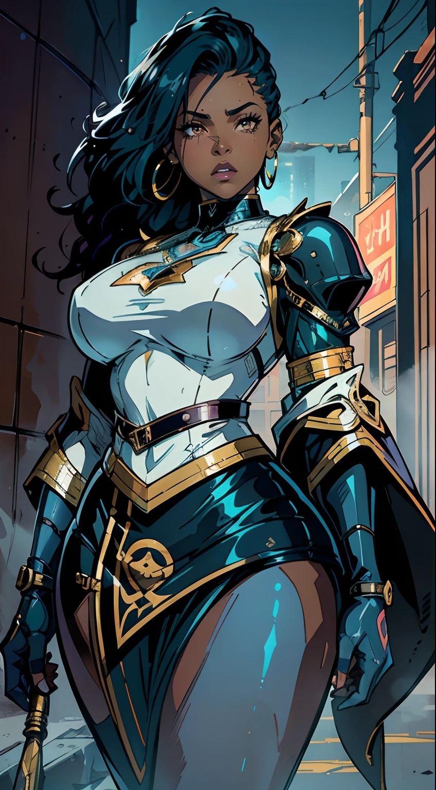 ((best quality)), ((masterpiece)), (illustration), (cinematic), (volumetric lighting), mature 35-year-old woman, anime shading:1.5, 1girl, dark skin, face looks like Rihanna, afro puffs hairstyle, two-tone hair, black hair, blue hair, fat girl, giantess, thick thighs, wide body, wearing stylish royal guard armor, futuristic design, standing, wet and shiny, ororo munroe likeness, dark lips, wide nose, african-american facial features, long hair