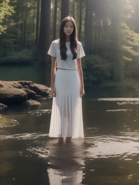 1girll, stand in the middle of the lake，white skirt，long hair，fully body photo，（20 years old），static posture，clean environment，i...