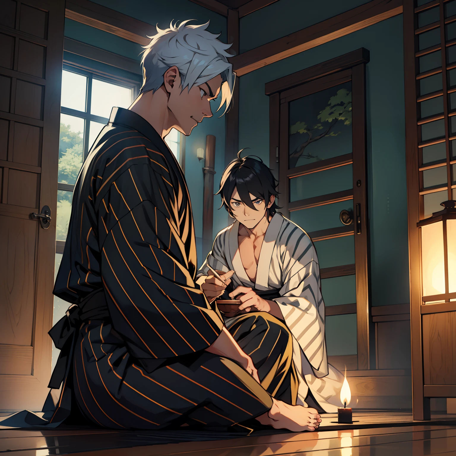 {{{{{masutepiece,Best Quality,ultra-detailliert}}}}},1 Handsome Man,sitting down on the floor,Tell ghost stories, Slouching, eye glass,Beautiful dark room background,Close doors and windows,a dark night,No light,Beautiful Japan black striped yukata,Side view,8K,1 candle,