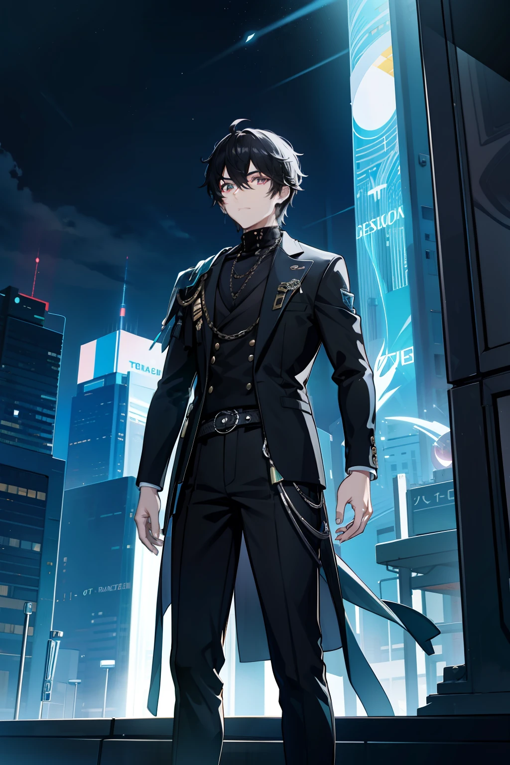 On the vibrant skyline of a modern fantasy city, A 27-year-old boy stands out with black hair that contrasts with his white skin, and silver eyes that seem to reflect the neon lights that illuminate the city. Viste un elegante traje negro adornado con sutiles detalles dorados que brillan bajo las luces de la ciudad. El manto largo que lleva agrega un toque distintivo a su figura, mientras se mueve entre rascacielos y pantallas de hologramas. en el fondo, The city comes alive with rivers of light and futuristic buildings that defy the imagination. Este es tu protagonista, A contemporary enigma in an urban world full of wonders and dreamy technology.