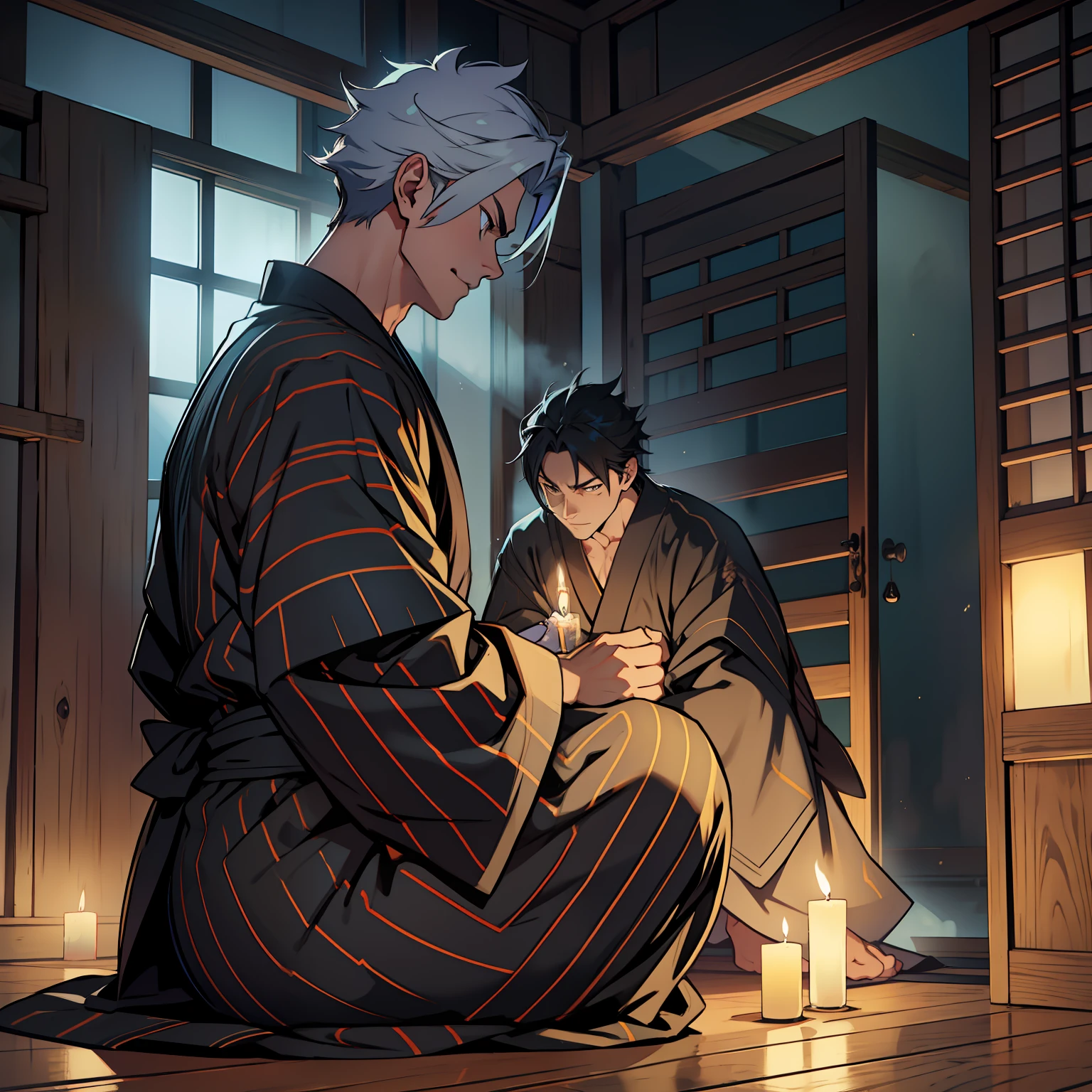 {{{{{masutepiece,Best Quality,ultra-detailliert}}}}},1 Handsome Man,sitting down on the floor,Tell ghost stories, Slouching, eye glass,Beautiful dark room background,Close doors and windows,a dark night,No light,Beautiful Japan black striped yukata,Side view,8K,1 candle,