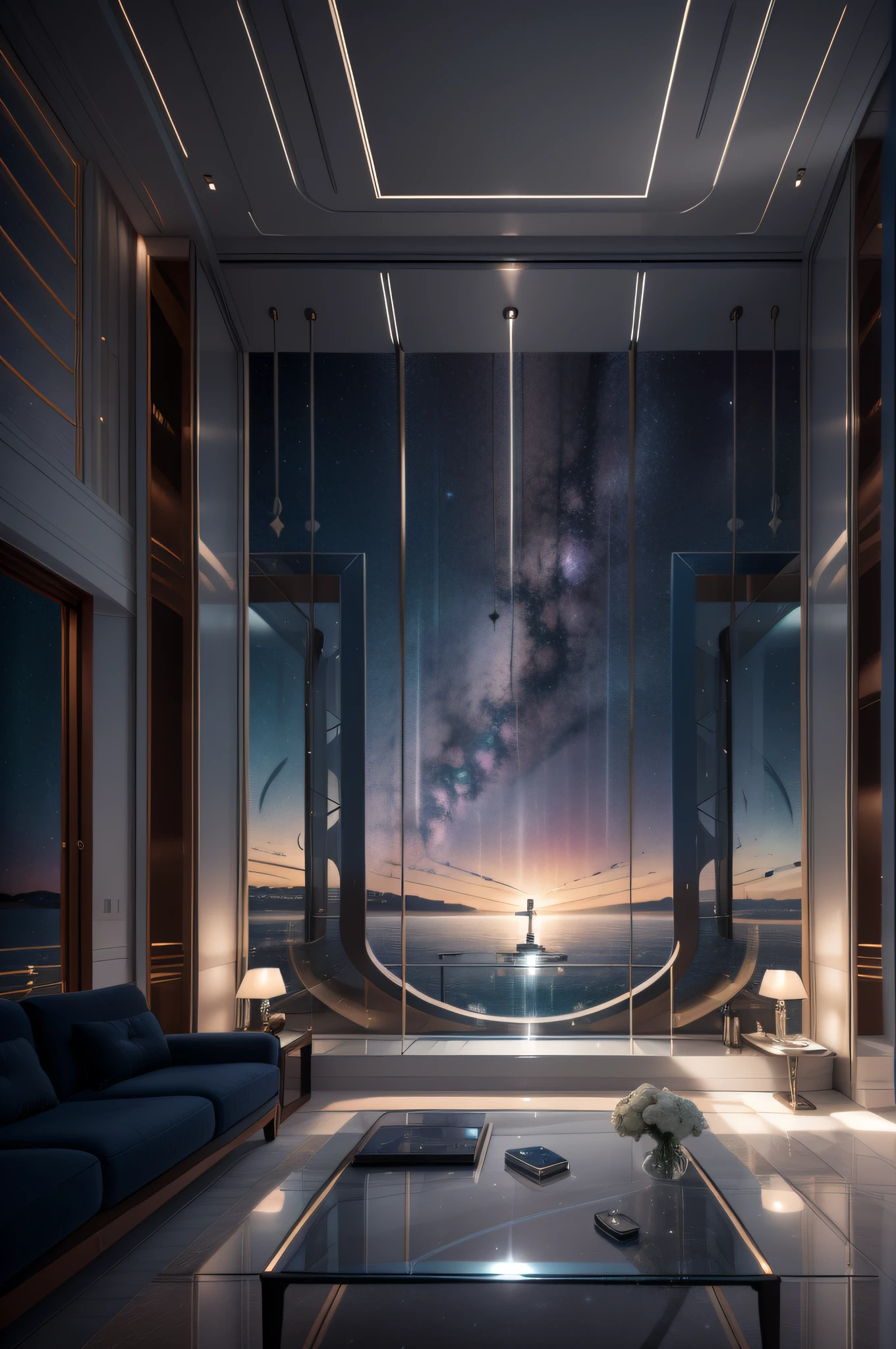 she lying on the sofa next to the window and the vertebrate milky way seen from the big window, futuristic interior design images, in the style of light white and navy, futuristic glamour, meticulously detailed, flatness of space, symmetrical --ar 21:9 --style raw --s 40