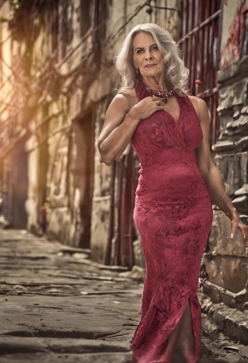 Arafed woman in a red dress standing on a cobblestone street - SeaArt AI