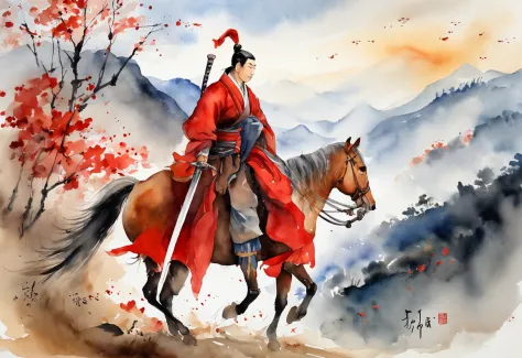Bleak autumn，Falling leaves，A male warrior with a sword on his back，Riding a white horse，Face away from the camera，The red cloak on the body stretches out in the wind。Blurry mountains in the distance。Character focus，Depth of field 1.5，Chinese landscape pai...