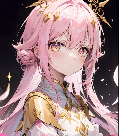 Long pink and white hair，Pink-white wings，Dark yellow pupils，Decorated with resplendent gold，Soft clothes that match white with yellow，She is a cute and sweet beautiful girl