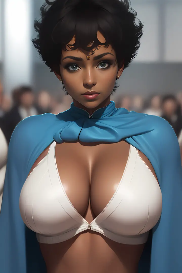 RAW photo, a portrait photo of black woman, one of (high detailed skin:1.2), 8k uhd, dslr, soft lighting, high quality, film grain, Fujifilm XT3, white suit, ((blue eye))