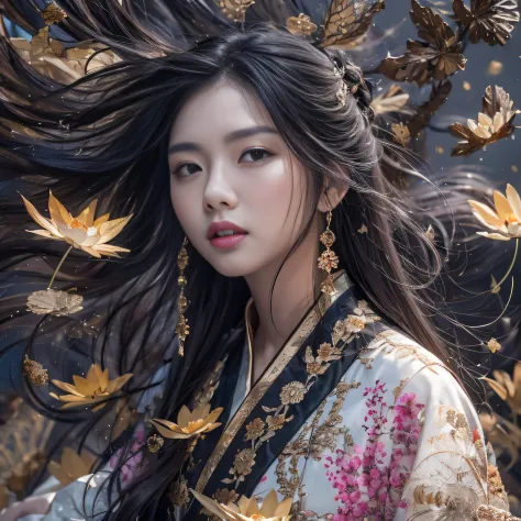 32K（tmasterpiece，k hd，hyper HD，32K）Long flowing black hair，ponds，zydink， a color，  Asian people （Silly girl）， （Silk scarf）， Comb...