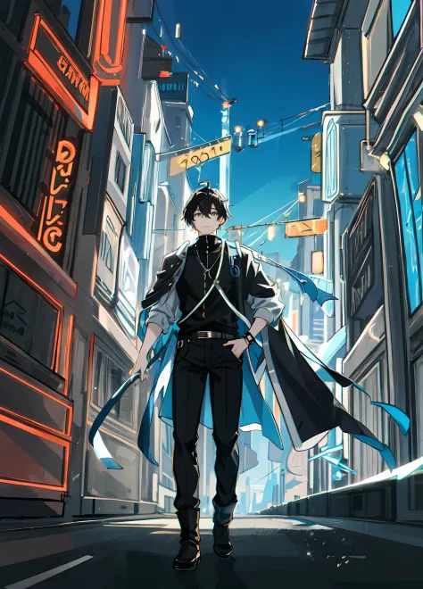 on the vibrant skyline of a modern fantasy city, an 18-year-old boy stands out with black hair that contrasts with his white ski...