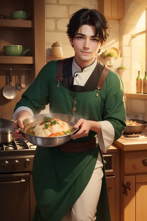 (1male, short black hair, green eyes, gentle face and smile, rosy cheeks, pretty face), ((cooking)), (fantasy, medieval), ((deta...