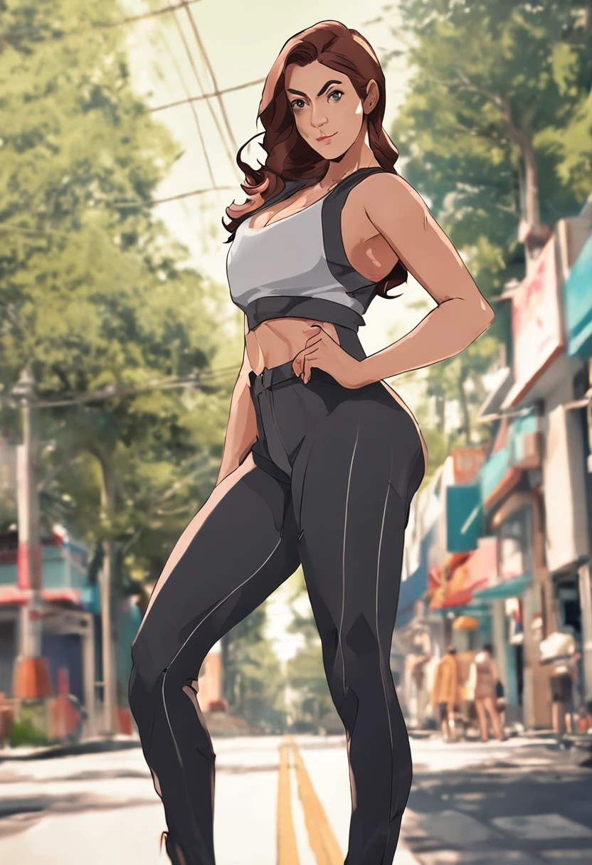 A woman in a sports bra top and leggings standing on a street - SeaArt AI