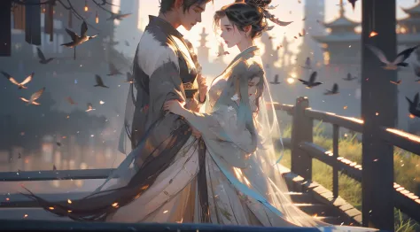 A handsome Chinese boy and girl、（full bodyesbian）、Look at each other，Gentle eyes，（（Clear facial features）），wearing a hanfu，standing on a bridge，The body is surrounded by white mist，There are magpies flying around，A cow looks up from a distance，Runes surrou...