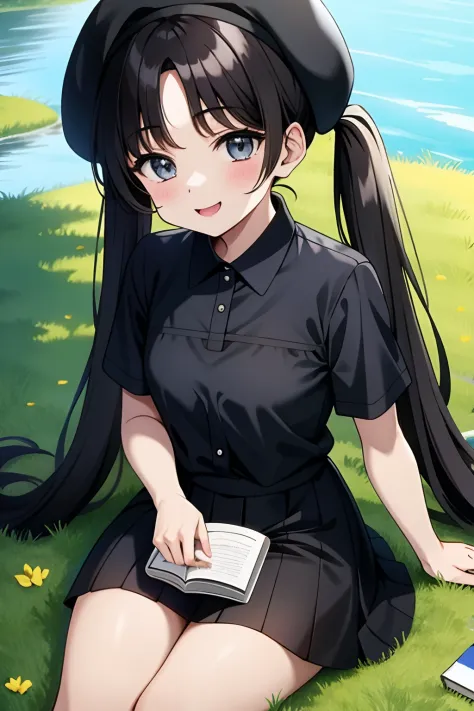 1girl, long black hair usually tied in long twin tails, hair bangs cover one eye, wears a blue beret, sits on the grass, wears a black short sleeve shirt, wears black skirt, poetry book, smiling, looking at viewer
