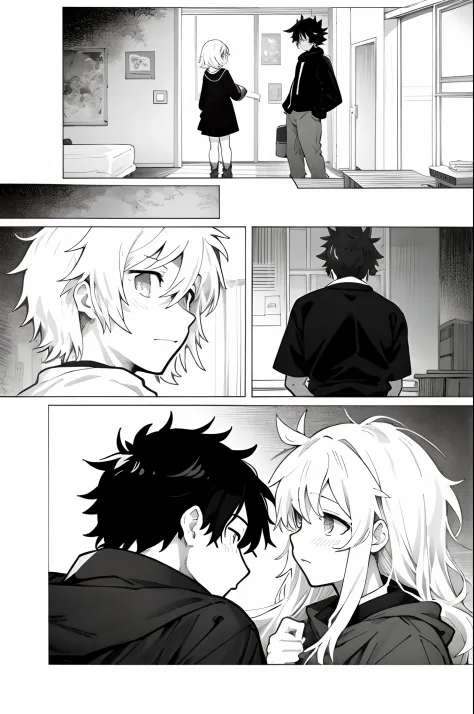 a couple of comics with a man and a woman, tumblr, sōsaku hanga, black and white manga page, manga page, doujin, ddlc, anime, gi...