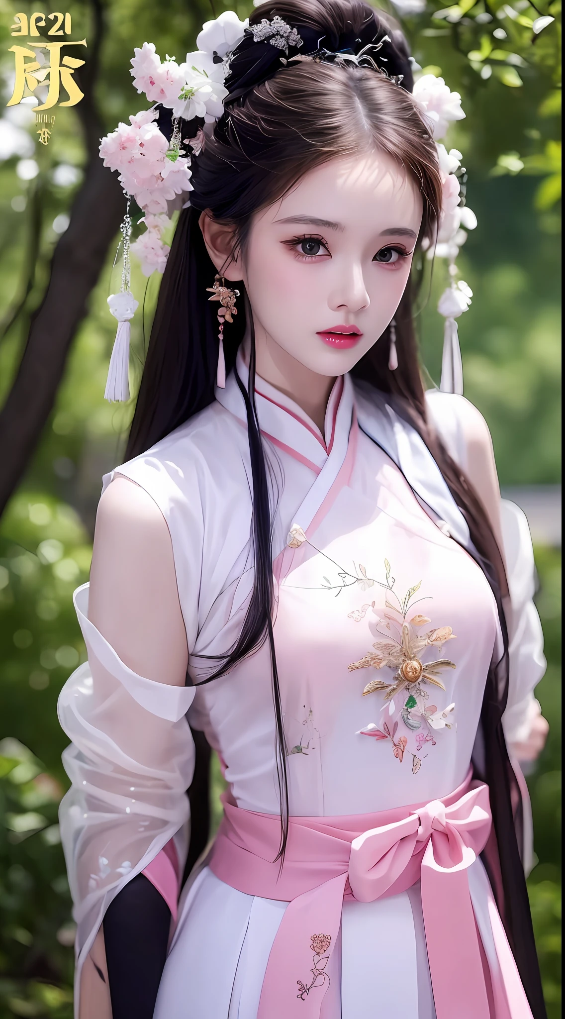 1 真实美丽的女孩, 齐腰长发, 黑眼睛, 古代奥黛, style hanfu, 穿着中国古代的薄丝衫, 粉嫩光滑的白皙肌肤, 穿着朴素的古代风格的奥黛, 照片中出现肩膀和头部,可爱的小脸, 湿妆下的眼袋, 丰满红唇, 噘, ((闭嘴:1.0)), 平衡的门牙, 尴尬的, 小脸妆容细致，非常漂亮, 乳房超级圆润紧实, 隆胸, 布卢姆 , 里面穿一件吊带背心遮住女孩的胸部, 脸红, 从前面, 戴耳环, 项链, 从上面, 看着观众, 上翻的眼睛, 全身, 杰作, 顶级品质, 最好的质量, 官方艺术, 团结 8k 壁纸, 高分辨率, 超高分辨率, 极其详细, (真实感:1.2), 独自的, 独自的, 只有一个女孩, style hanfu Dunhuang, 10x 像素, 超级逼真, 超高品质, 全身 view of the girl, 上半身, 8K 画质,