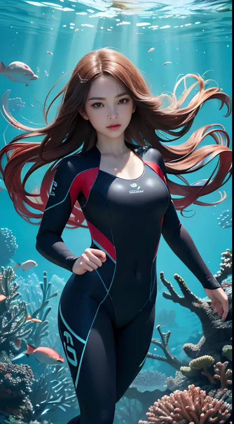 Solo, deep sea, coral reef, diving, wetsuit, fins, weightlessness, ((best quality, 8k, masterpiece: 1.3)), one woman, long hair,...