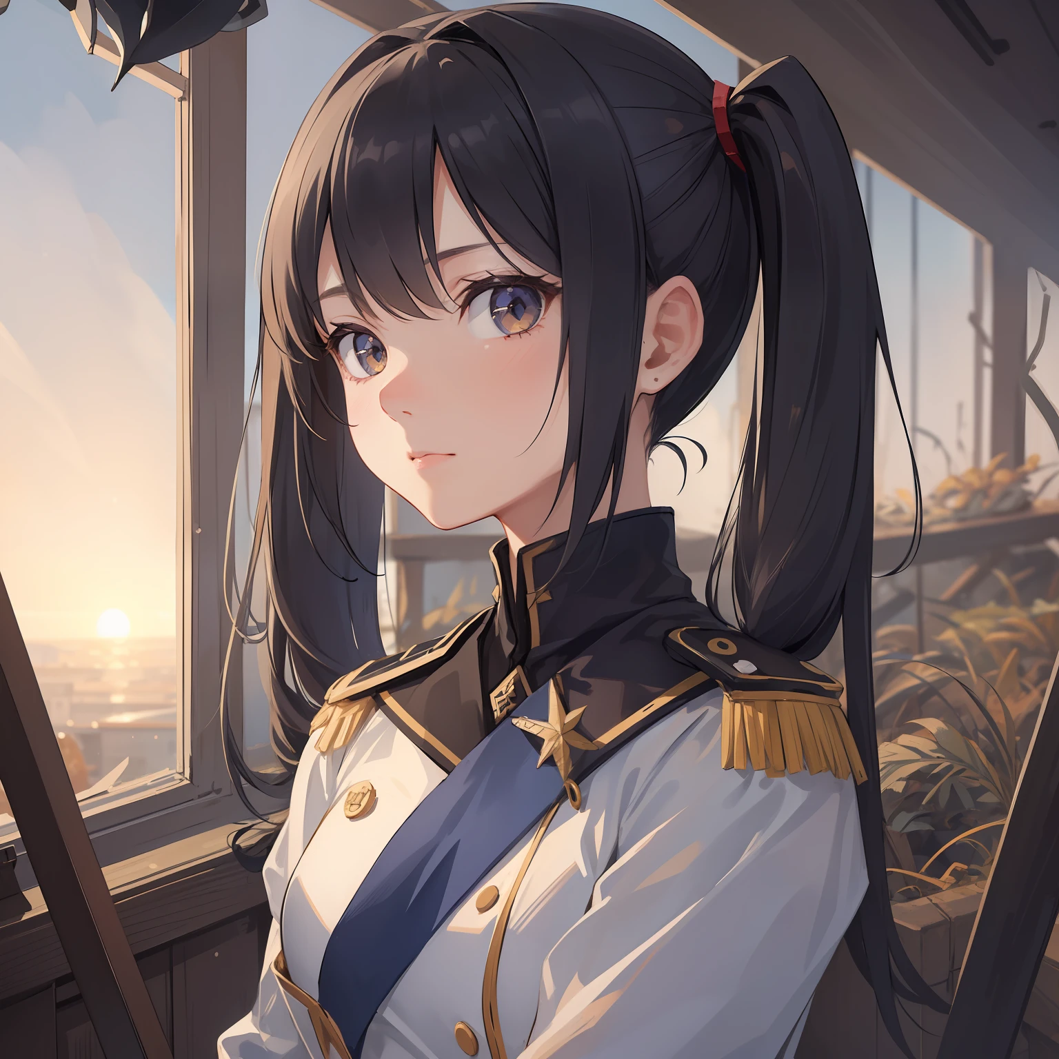 Anime girl in uniform looking out of a window at the sunset - SeaArt AI