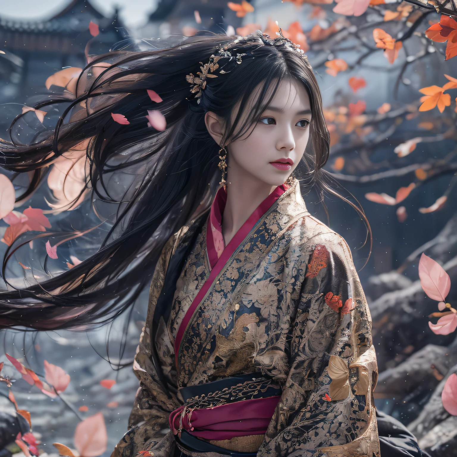 32K（tmasterpiece，k hd，hyper HD，32K）Long flowing black hair，ponds，zydink， a color，  Asian people （Silly girl）， （Silk scarf）， Combat posture， looking at the ground， long whitr hair， Floating hair， Carp pattern headdress， Chinese long-sleeved clothing， （abstract ink splash：1.2）， Pink petal background，Daisies fly（realisticlying：1.4），Black color hair，Fallen leaves flutter，The background is pure， A high resolution， the detail， RAW photogr， Sharp Re， Nikon D850 Film Stock Photo by Jefferies Lee 4 Kodak Portra 400 Camera F1.6 shots, Rich colors, ultra-realistic vivid textures, Dramatic lighting, Unreal Engine Art Station Trend, cinestir 800，Long flowing black hair