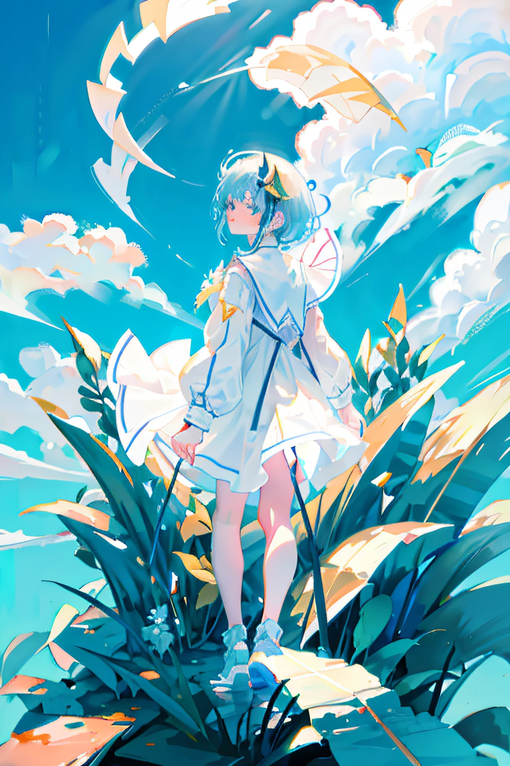 with blue sky and white clouds，Sunlight shines through the clouds，Irradiated to the ground，A girl looked back and smiled，Has a delicate face，Holding a transparent umbrella in his hand