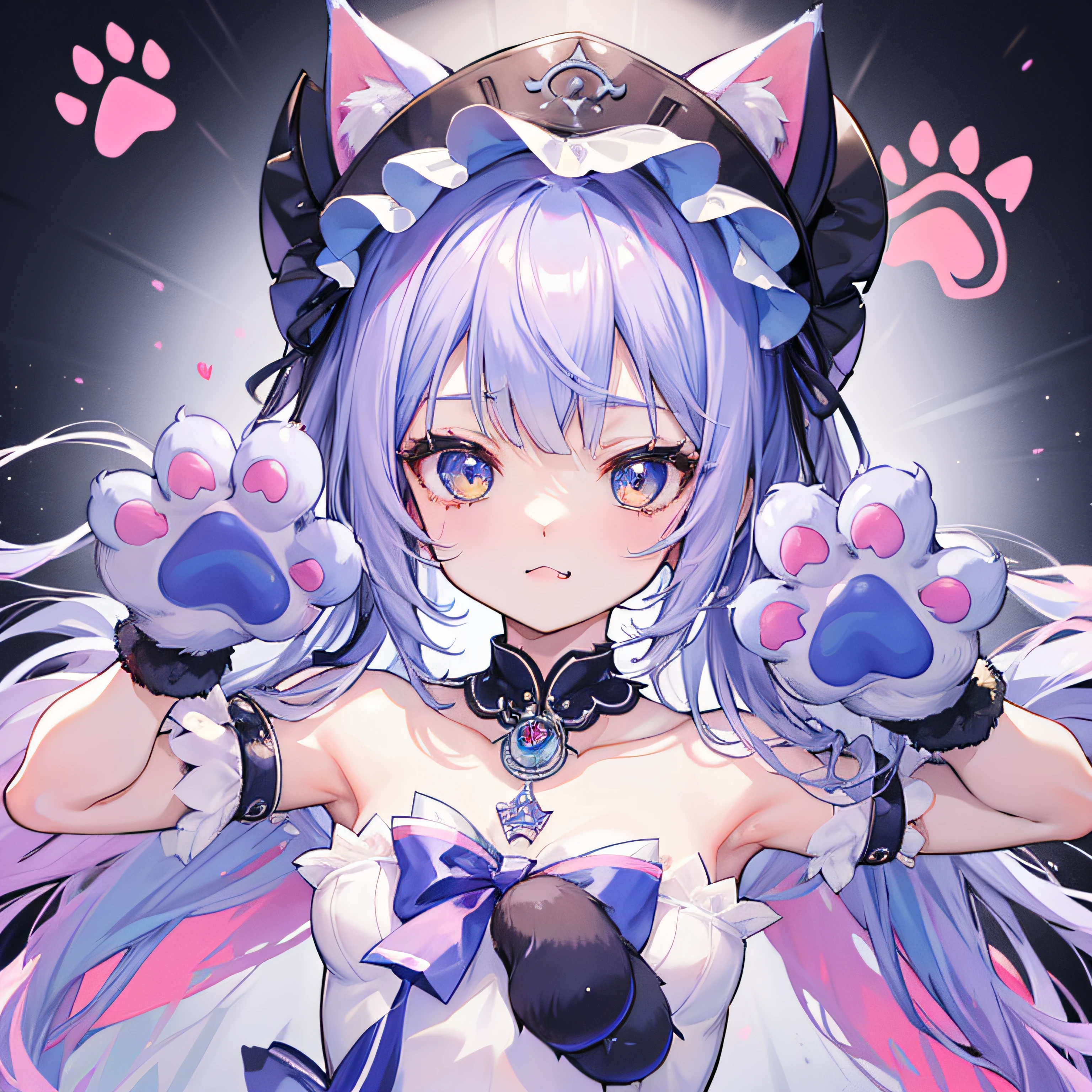 Masterpiece of、top-quality、:P、tusk、:3、Cats、wetted skin、kirakira、Open your mouth wide、heart mark、Full of love、(animal cat ear headwear:1.2), (animal hands paw gloves:1.4), Cat (paw print)、、excited、The upper part of the body、White background、Gothic lolita、doress、frilld、