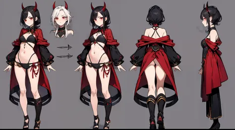 （（tmasterpiece）），（（（best qualtiy））），（CharacterDesignSheet，Same role，frontage，Lateral face，on  back），1 Red Devil，独奏，Short black hair，tiny horns，buck teeth，red eyes，tmasterpiece，best qualtiy，looking around a corner，full bodyesbian，Height 160cm，A detailed，ssm...