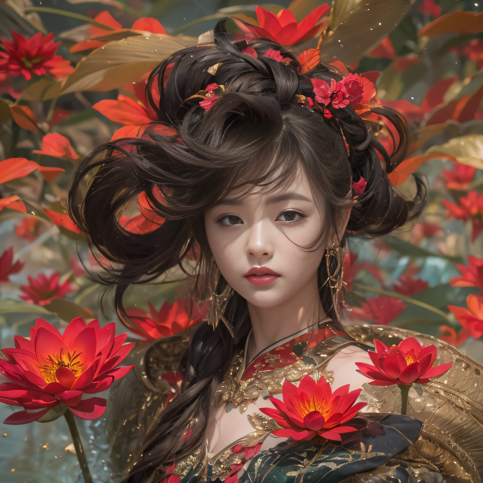 32K（tmasterpiece，k hd，hyper HD，32K）Large curls，Flowing rouge，ponds，zydink， a color，  Asian people （Silly girl）， （Silk scarf）， Combat posture， looking at the ground， Large rolls of rouge， Flowing rouge curls，Red onyx emerald emerald headdress， Chinese long-sleeved black gold garment， （abstract ink splash：1.2）， Pink lotus background，Water lily flower protector（realisticlying：1.4），Rouge hair，Autumn is in full swing，The background is pure， A high resolution， the detail， RAW photogr， Sharp Re， Nikon D850 Film Stock Photo by Jefferies Lee 4 Kodak Portra 400 Camera F1.6 shots, Rich colors, ultra-realistic vivid textures, Dramatic lighting, Unreal Engine Art Station Trend, cinestir 800，Large curls，Flowing rouge