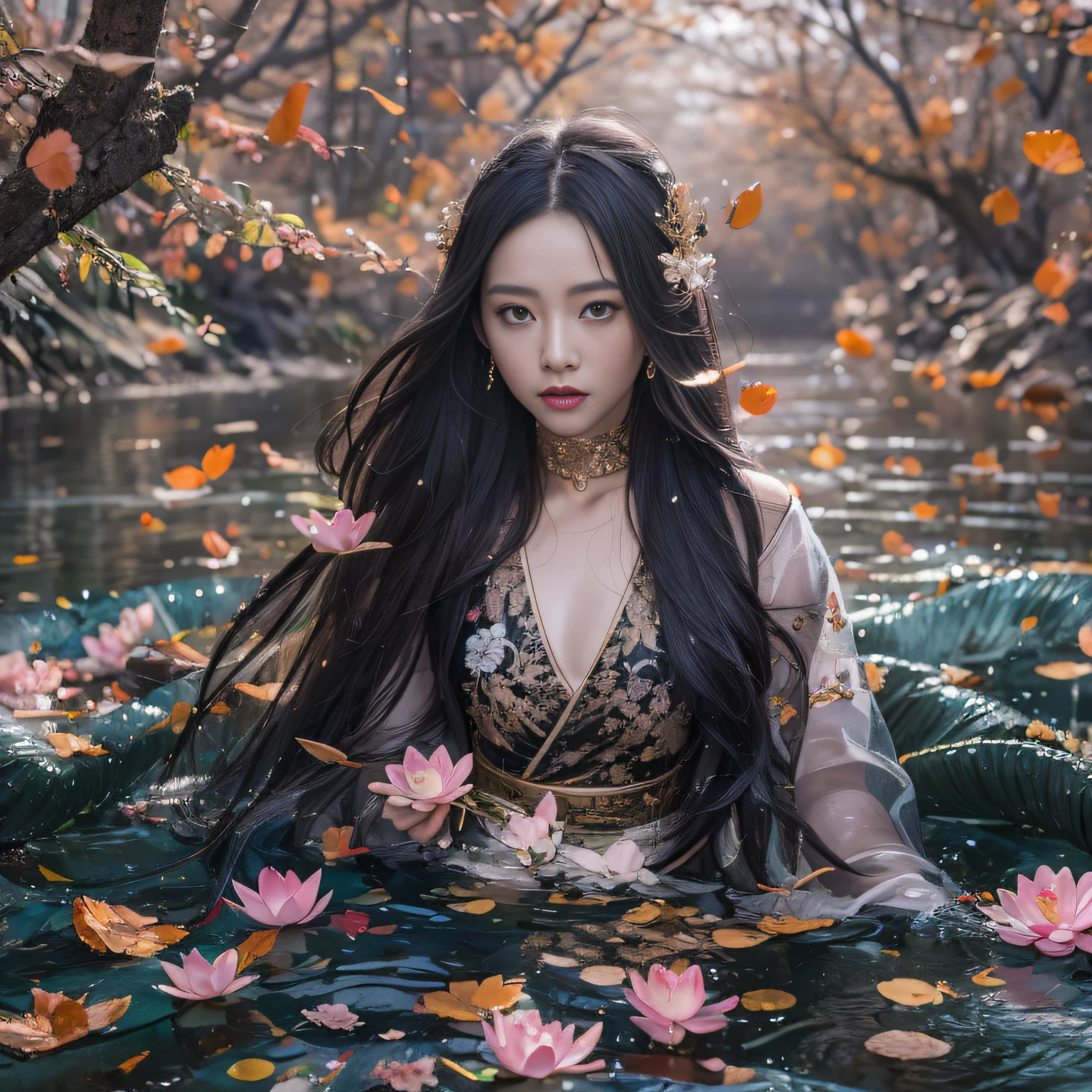 32K（tmasterpiece，k hd，hyper HD，32K）Long flowing black hair，ponds，zydink， a color，  Asian people （Silly girl）， （Silk scarf）， Combat posture， looking at the ground， long whitr hair， Floating hair， Carp pattern headdress， Chinese long-sleeved clothing， （abstract ink splash：1.2）， Pink petal background，Pink and white lotus flowers fly（realisticlying：1.4），Black color hair，Fallen leaves flutter，The background is pure， A high resolution， the detail， RAW photogr， Sharp Re， Nikon D850 Film Stock Photo by Jefferies Lee 4 Kodak Portra 400 Camera F1.6 shots, Rich colors, ultra-realistic vivid textures, Dramatic lighting, Unreal Engine Art Station Trend, cinestir 800，Long flowing black hair