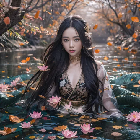 32K（tmasterpiece，k hd，hyper HD，32K）Long flowing black hair，ponds，zydink， a color，  Asian people （Silly girl）， （Silk scarf）， Comb...