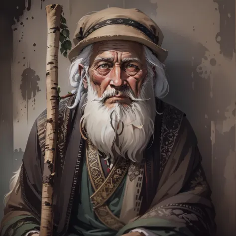 with a long beard，An Arafeld man wearing a hat with a stick, An old man, old man portrait, sharp looking portrait, peaceful expr...