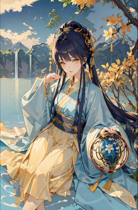 Best quality at best，Complicated details，A high resolution，（beautiful detailed  water：1.4），（Hanfu，Tang Feng），Yellow eyes，（Girl in a glass jar：1.1），drinking milktea