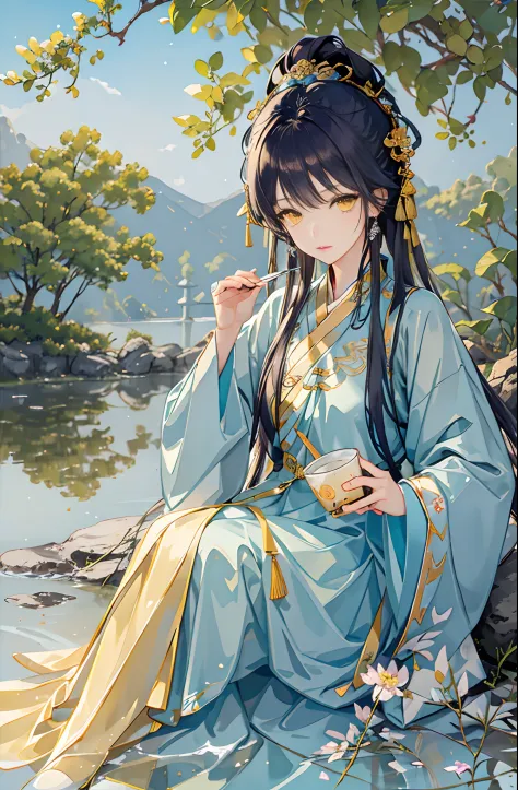 Best quality at best，Complicated details，A high resolution，（beautiful detailed  water：1.4），（Hanfu，Tang Feng），Yellow eyes，（Girl in a glass jar：1.1），drinking milktea